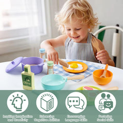 Busy Edition pots and pans wooden set for kids encourage realistic cooking play.