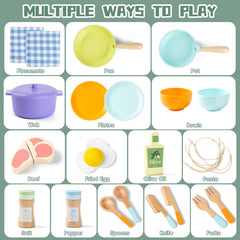 Busy Edition wooden utensils and plates support real-life kitchen routines and coordination.