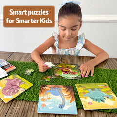 Butterfly EduFields dinosaur puzzle scene with 9 piece layout builds memory and thinking