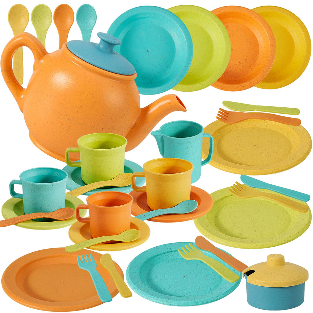 Buyger kids kitchen dinnerware plates set for pretend meals and shared play