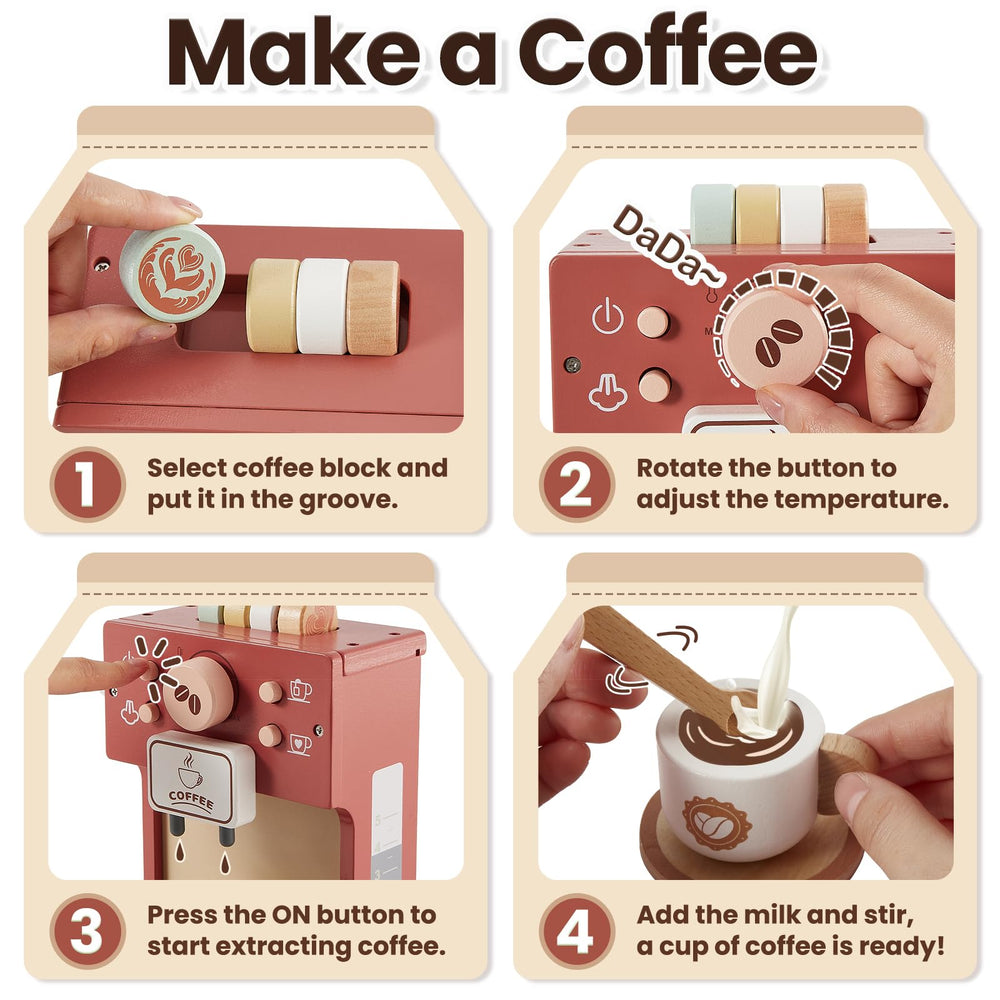 BUYGER wooden coffee machine with clickable buttons for pretend play