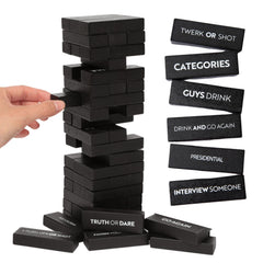 Buzzed Blocks tower assembly shows a party-ready stacking setup.
