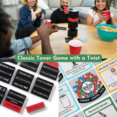 Buzzed Blocks Ultimate Tower in action with players taking a prompt block