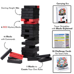 Buzzed Blocks Ultimate Tower includes 6 red mystery blocks for surprising twists