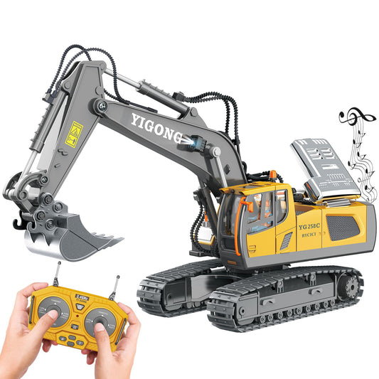 BYCICI remote control excavator toy front view showing rugged tracks for outdoor play