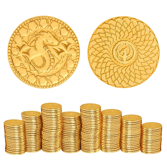 Byhoo DND gold coins with leather pouch front view showing authentic detailing and scale.