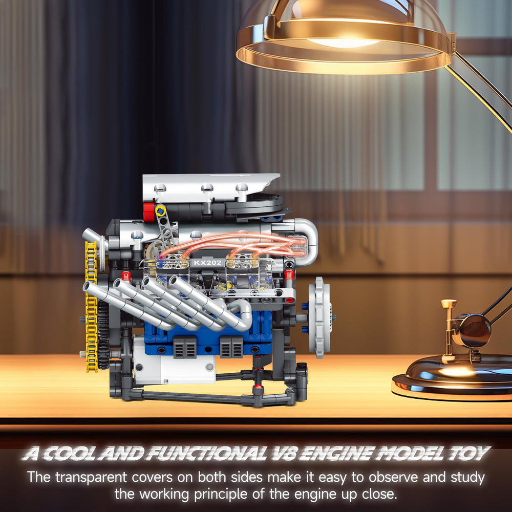 BYTLK V8 engine model transparent cylinder highlights internal piston motion.
