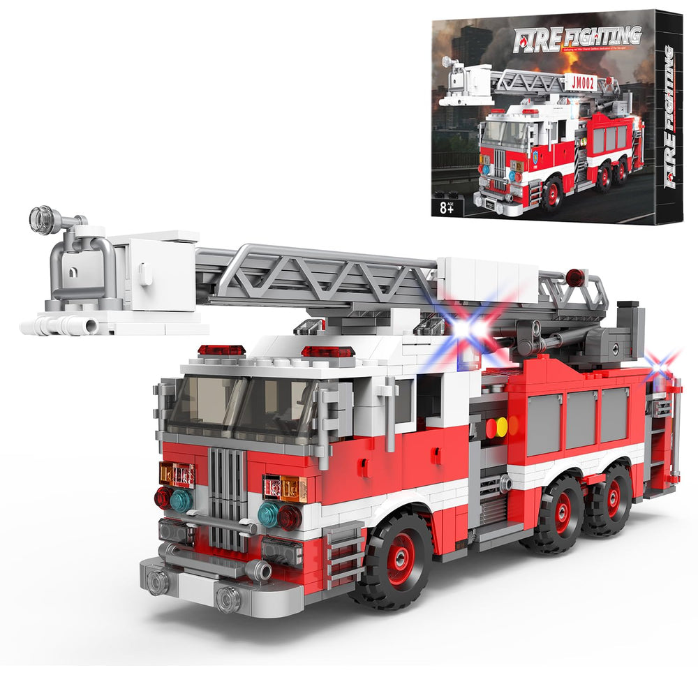 BYWBRICKIFY Light-Up Ladder Fire Truck front view with bright LEDs for immersive play