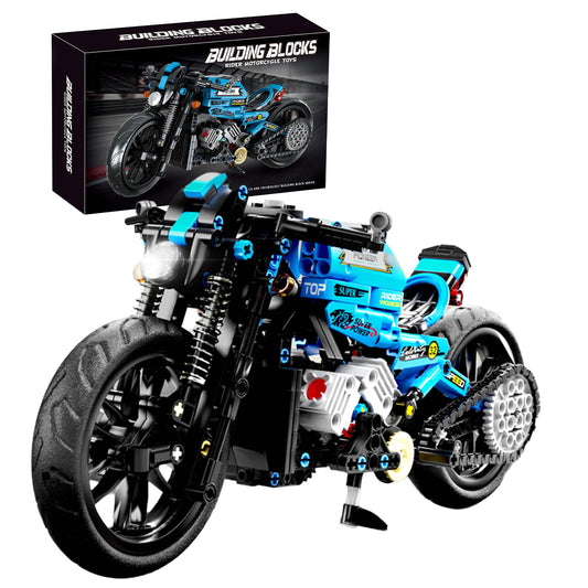 CAEROKEERL techno-mechanical motorcycle model in blue and black for STEM play.
