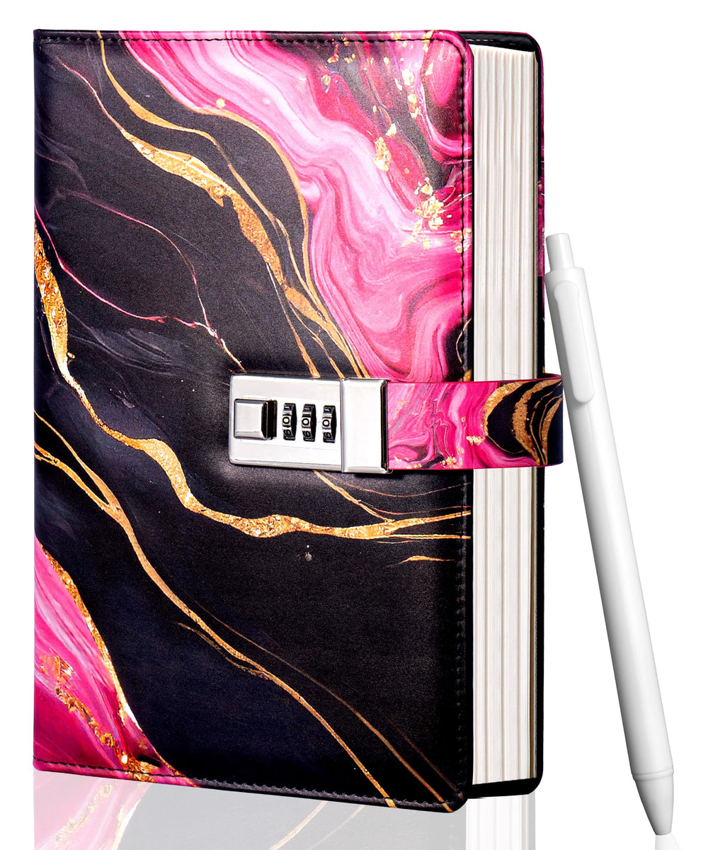 CAGIE diary with lock on marble cover, private writing companion for travel and school