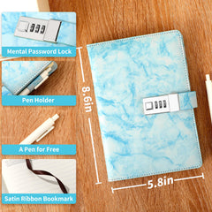 CAGIE Marble Diary lock detail shows three-digit mechanism for security.