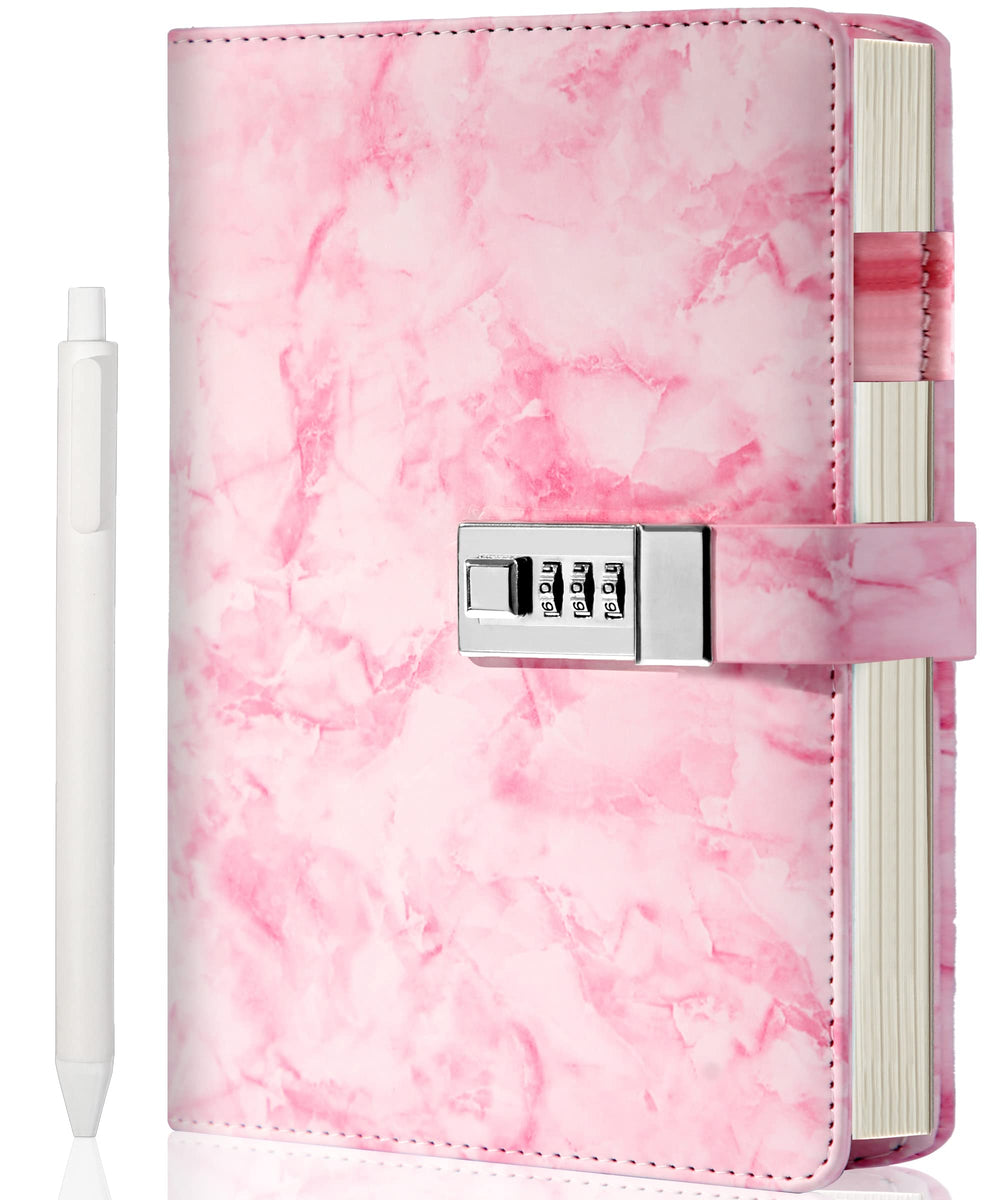 CAGIE Marble Diary with Lock pink cover ready for private journaling