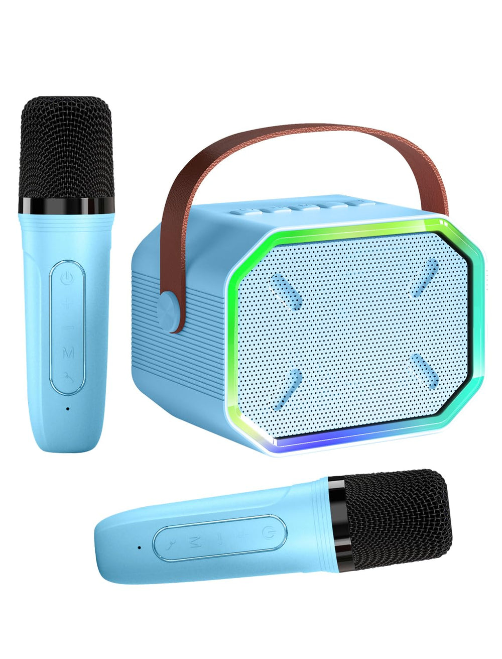 Caiord karaoke mini speaker with two wireless mics, ideal for family sing-alongs.