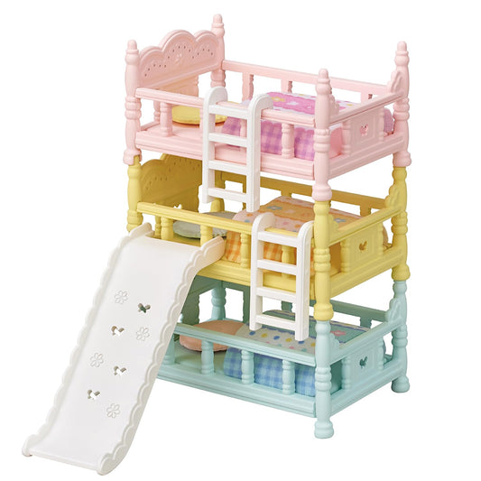 Calico Critters triple bunk beds with ladders enable versatile layouts and imaginative play.