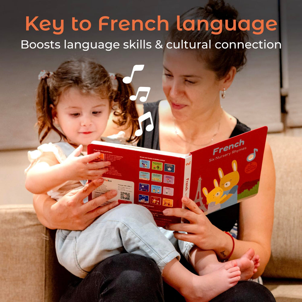 Cali's Books French Nursery Rhymes open pages reveal vivid illustrations for language-rich play.