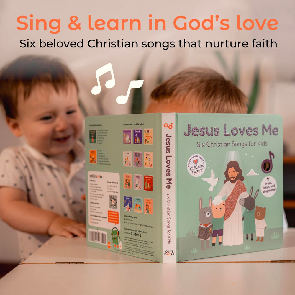 Cali's Books Jesus Loves Me features a 3.5 mm headphone jack for quiet listening.
