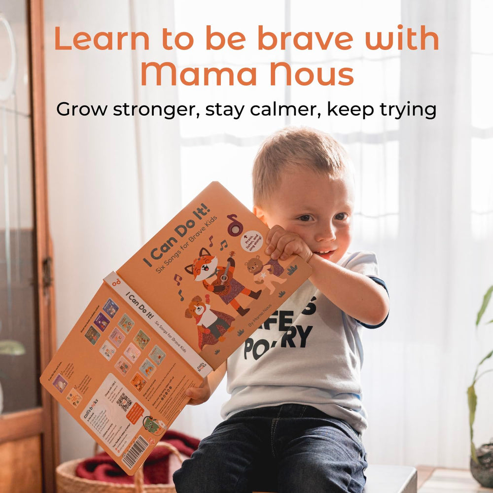 Cali's Books Music Book pages show lyrics for language development