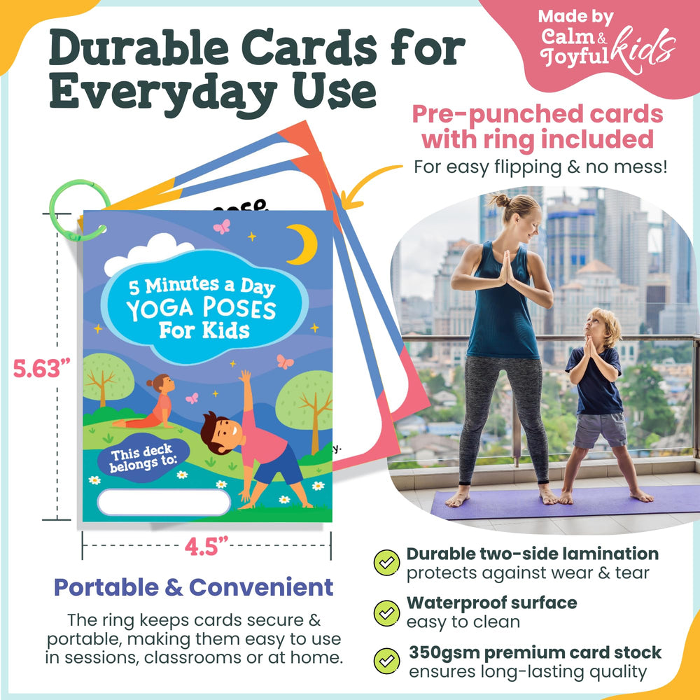 Calm and Joyful Kids Yoga Cards portable ring for travel-friendly practice.