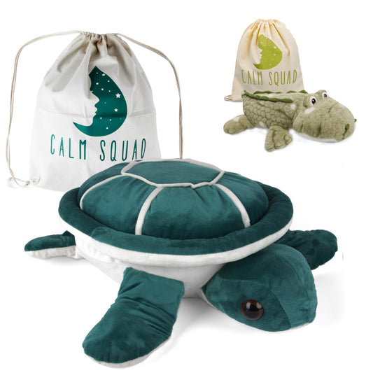 CALM SQUAD Lou the Turtle weighted plush offers soothing hugs for calm moments.