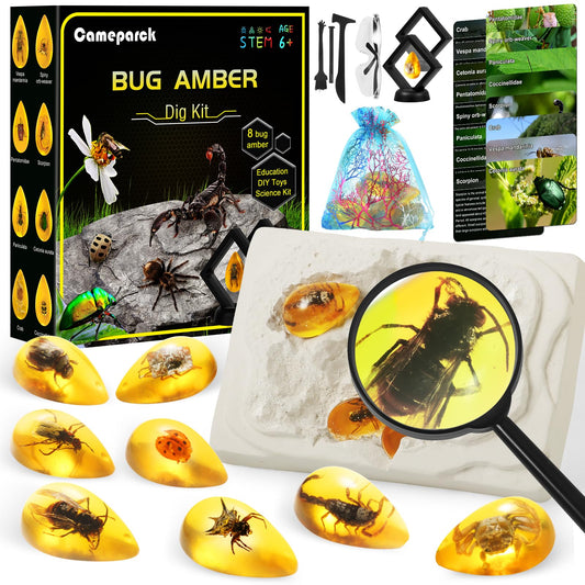 Cameparck Bigger Amber Dig Kit cover image inviting curious kids to explore geology and biology.