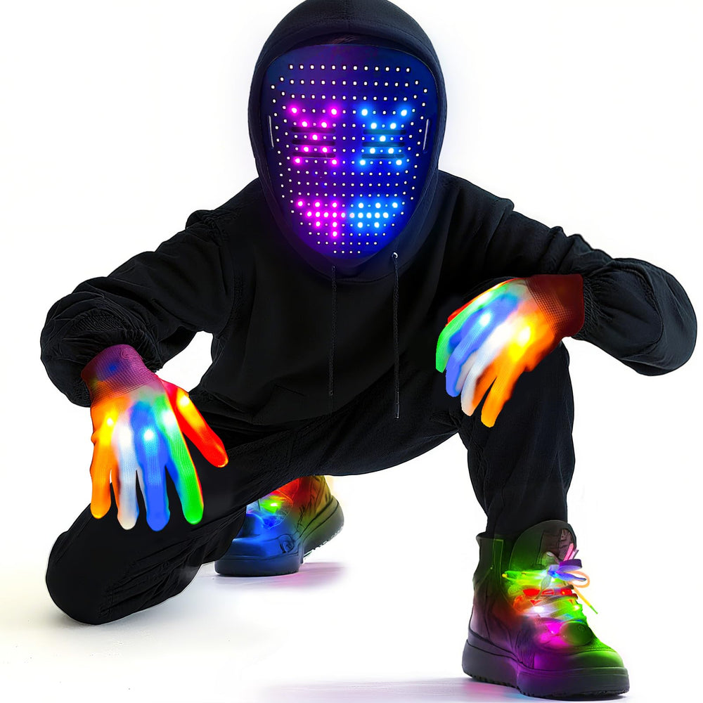Camlinbo LED mask with gesture-wave control for hands-free effect switching at parties.