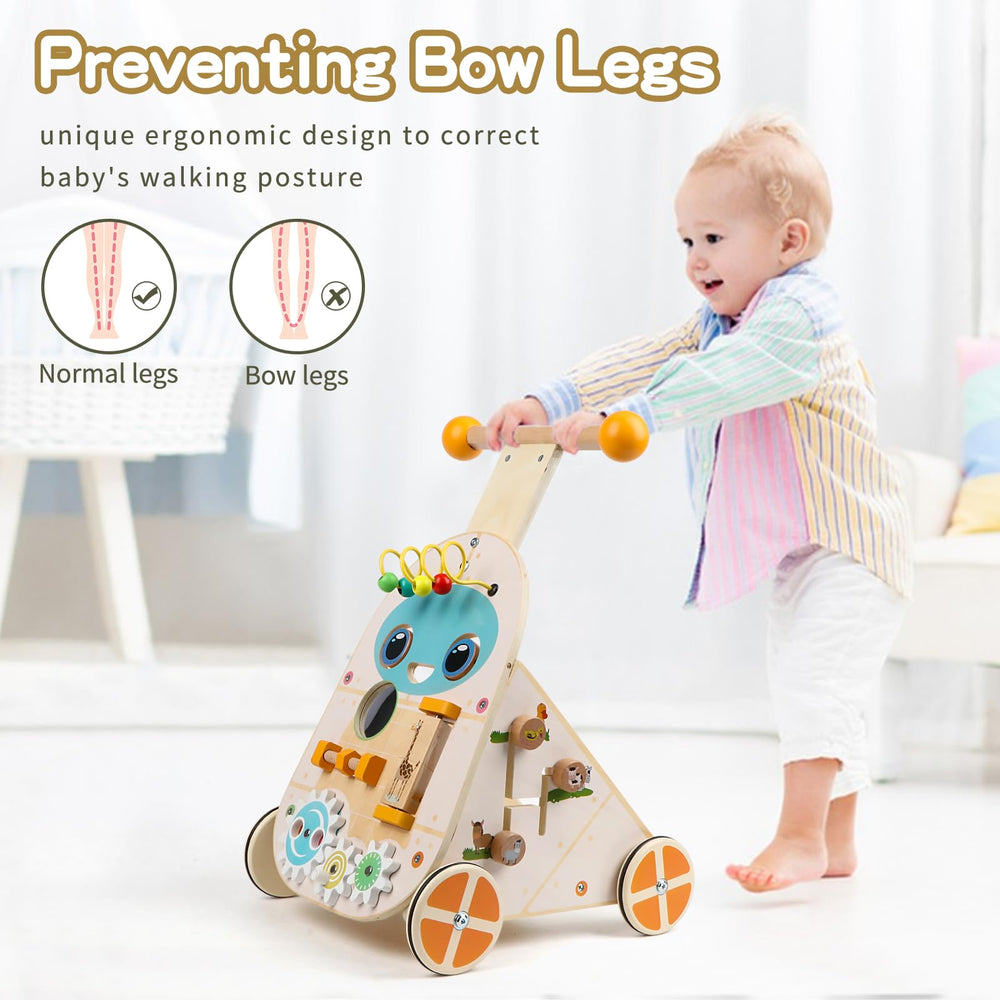 Canuan wooden baby walker activity panel close up with mirrors and beads