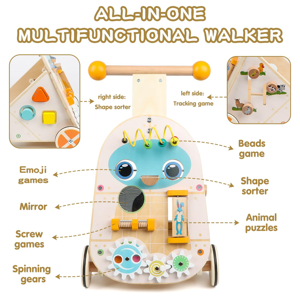 Canuan wooden baby walker side view showing sturdy frame for cruising
