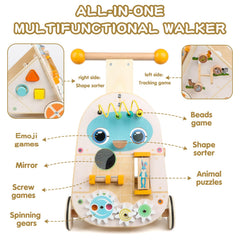 Canuan wooden baby walker side view showing sturdy frame for cruising
