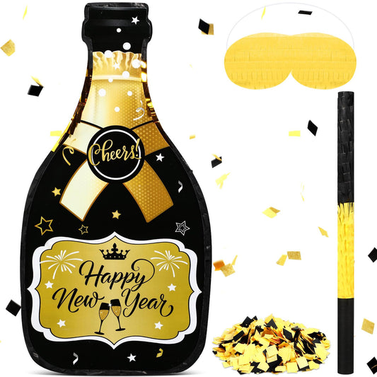 Capoda Happy New Year champagne pinata bottle with black and gold tassels for festive décor.