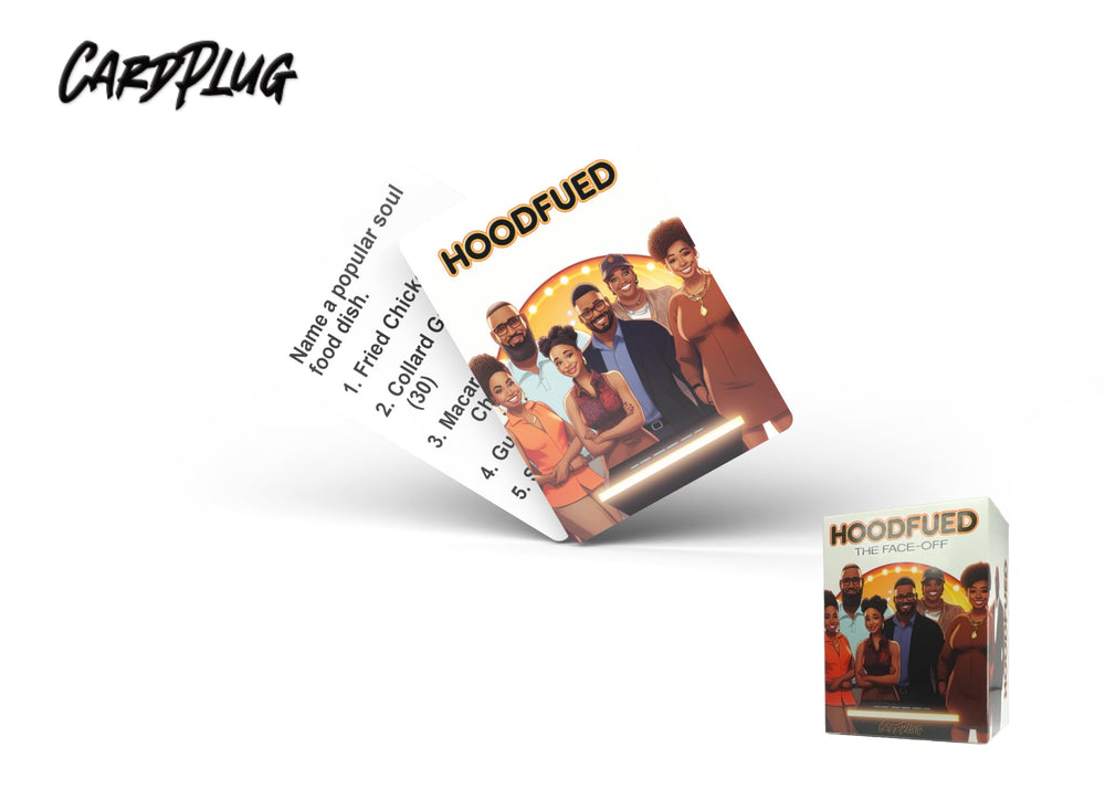 HoodFued 100 trivia cards spread on table