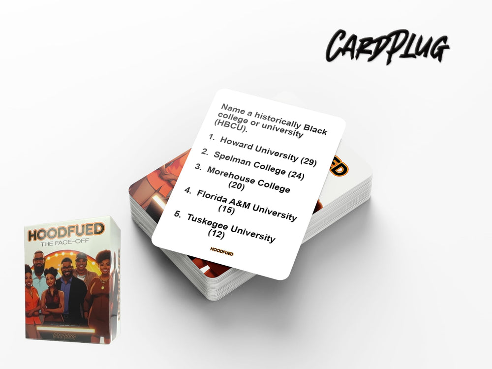 Close-up of HoodFued culture cards featuring African-American history