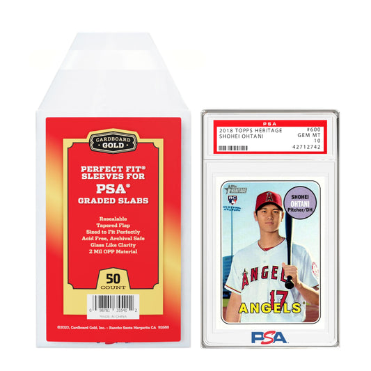 Cardboard Gold PSA sleeves with PSA logo protect slabs while showcasing their authentication.