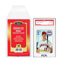 Cardboard Gold PSA sleeves with PSA logo protect slabs while showcasing their authentication.