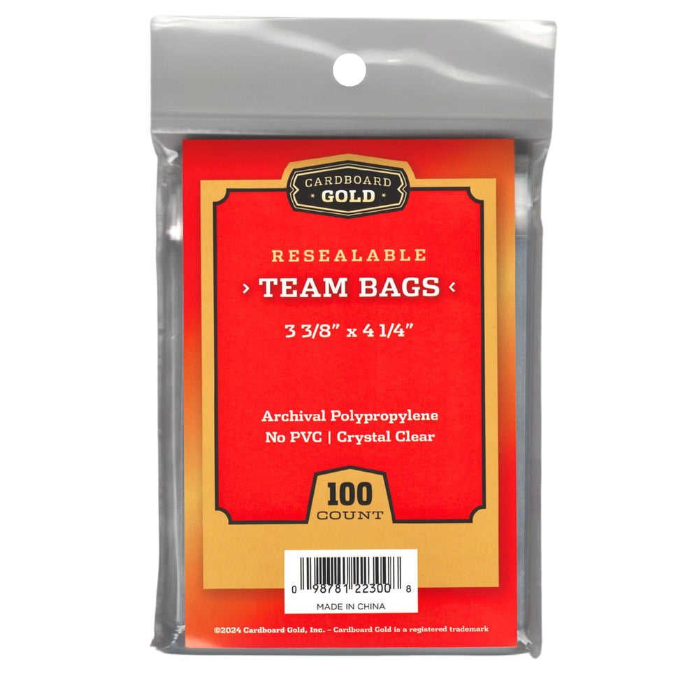 Cardboard Gold team bag with crystal-clear clarity for 25–30 cards.
