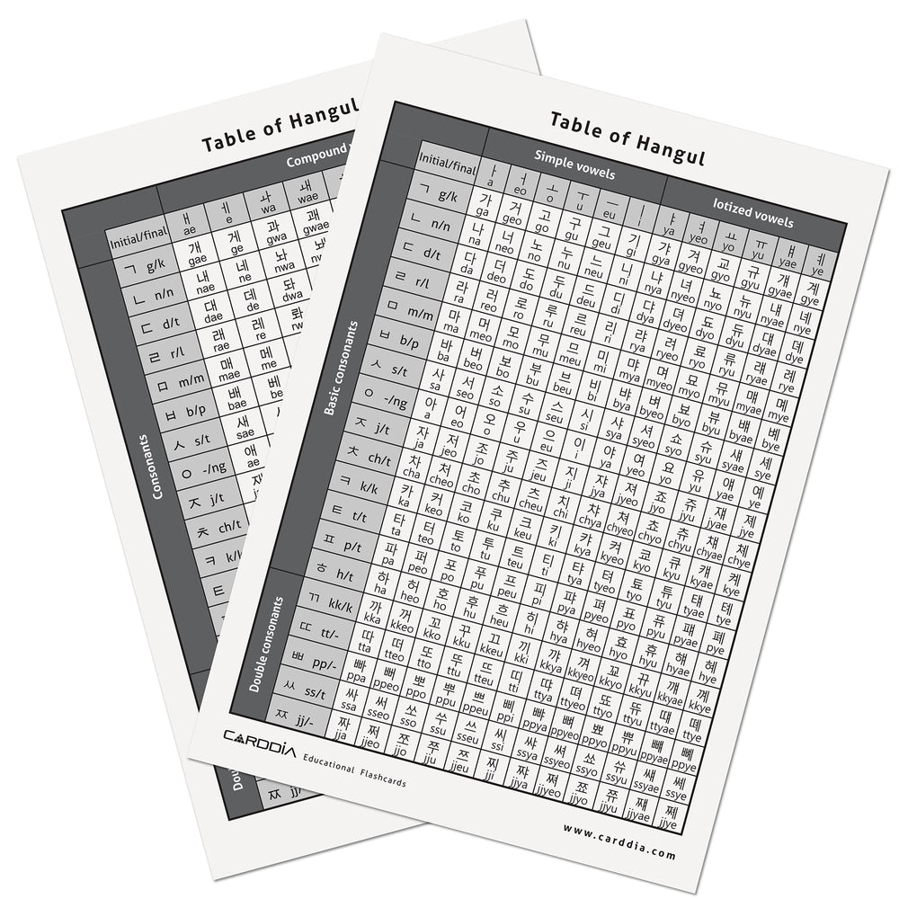 CARDDIA Hangul flashcards back view with pronunciation and stroke order guidance