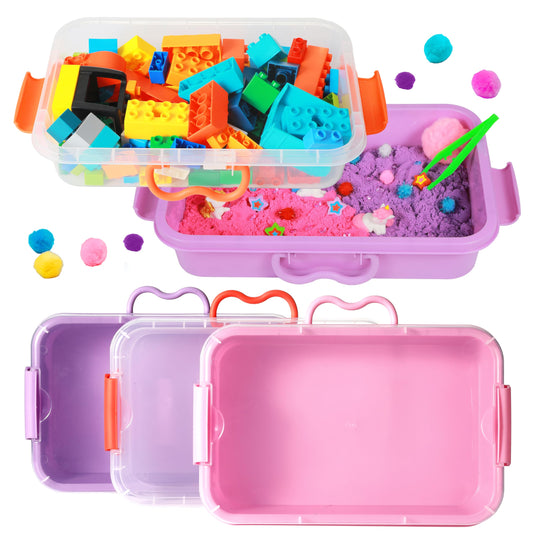 Carolart 3 Pack empty sensory bin with stackable design for compact indoor storage.