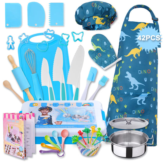 Carolart 42-piece kids cooking set with real-knife feel for imaginative play and motor skills.
