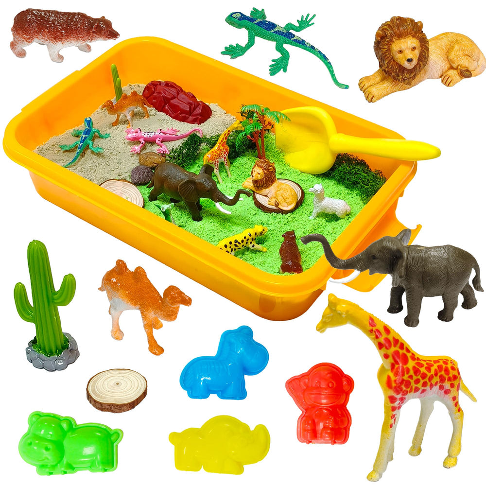 Carolart Jungle Sensory Bin setup with jungle props for imaginative exploration