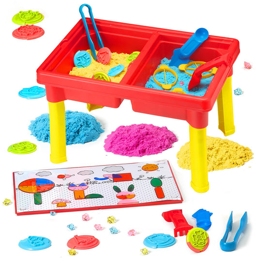 Carolart sensory table assembly with colorful sand and blocks for exploration.