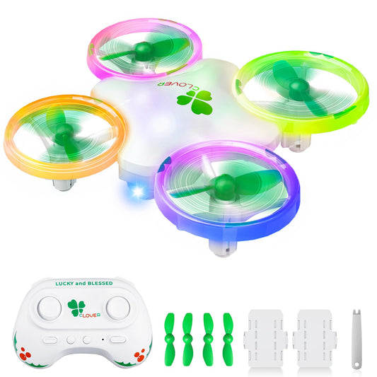 Carox Clover Drone Kids front view with colorful LEDs for indoor fun.