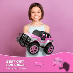 Carox pink RC car features bright LED headlights for fun in low light.