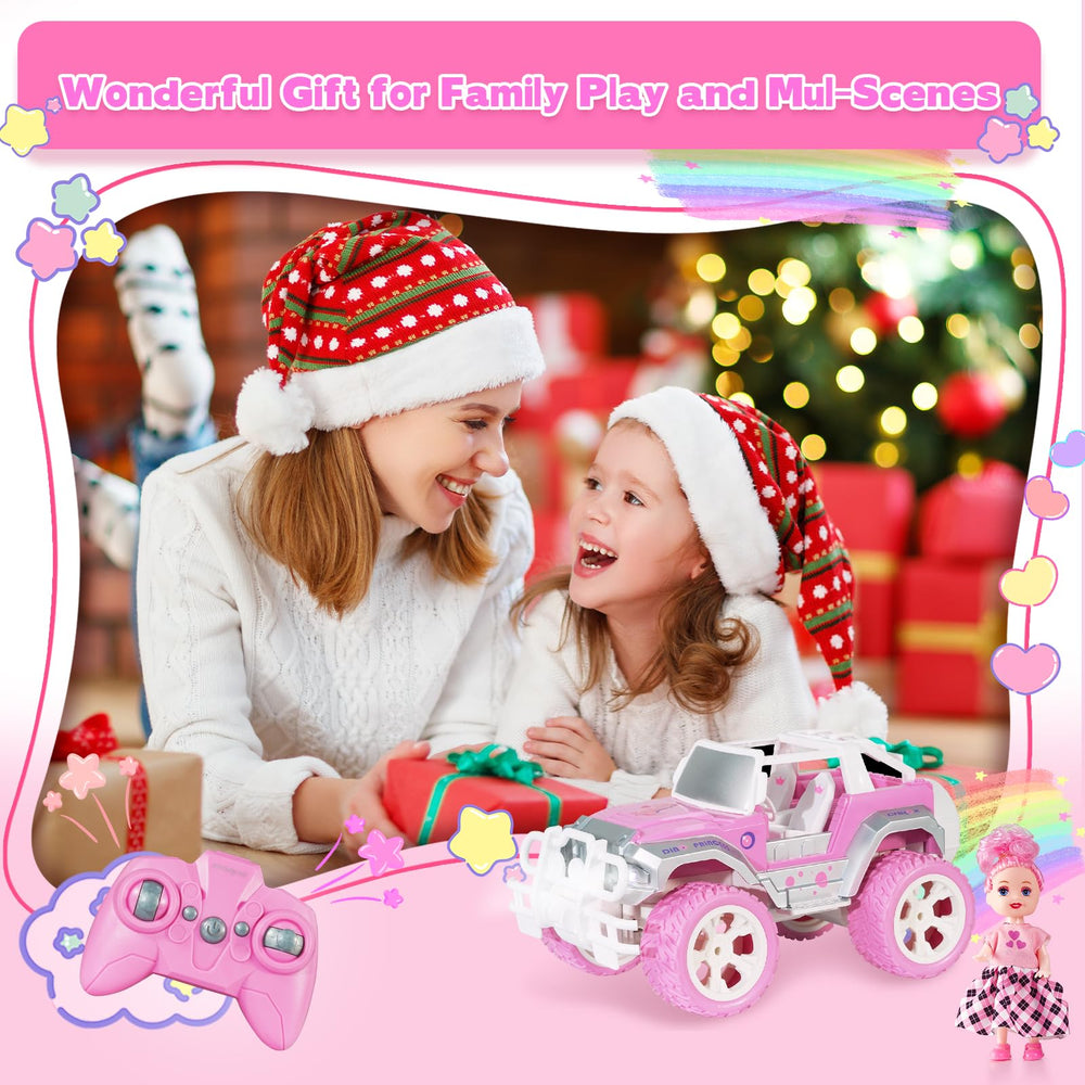Carox Pink RC Jeep with Doll packaged gift-ready for birthdays or holidays