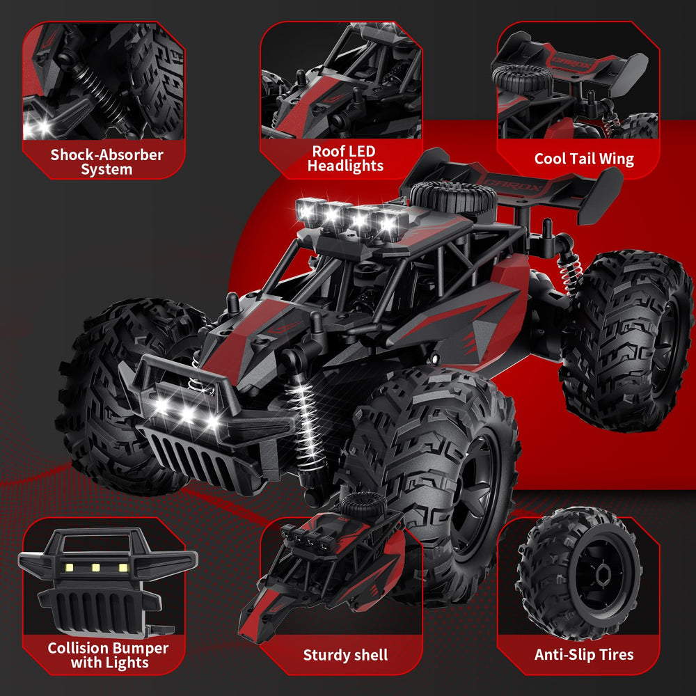 Carox RC car off-road tires for grass, dirt, and pavement.