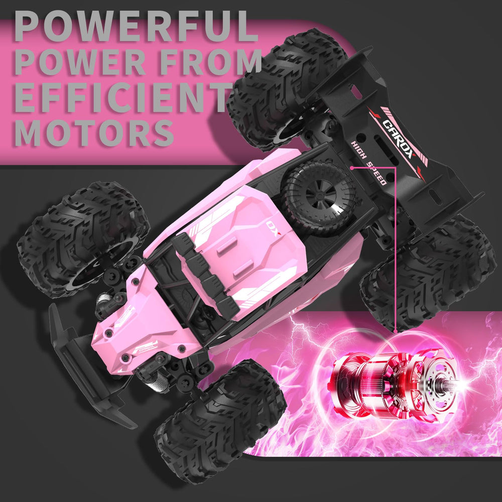 Carox remote control car packaging includes battery and accessories.