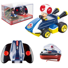 Carrera Toad Mario Kart mini RC car in clear display case for collectors.