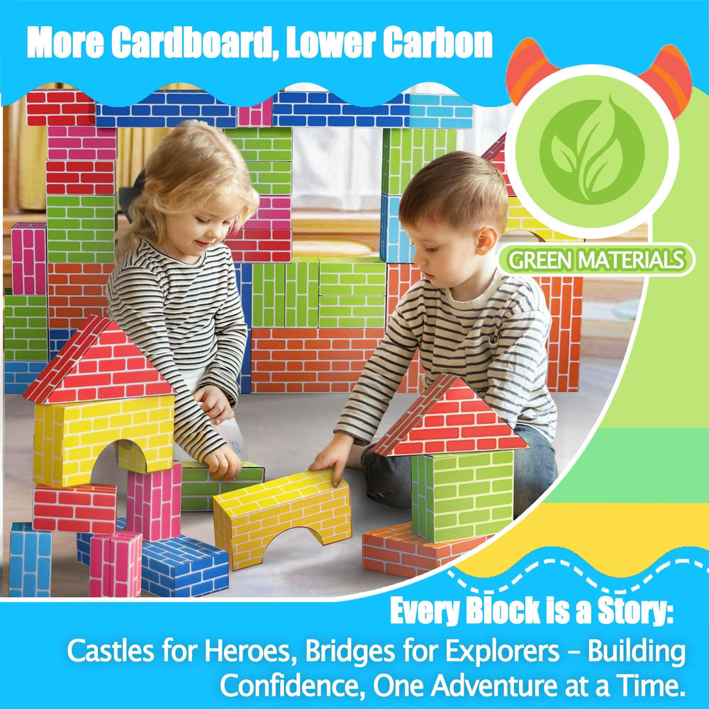 Cartboatoy blocks with flat surfaces for easy stacking and balance development.