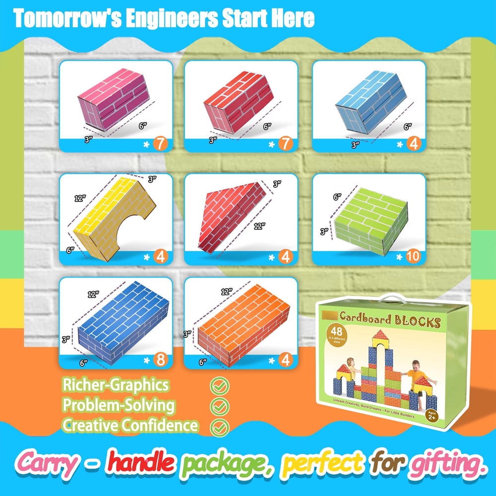 Cartboatoy blocks for toddlers encourage motor skills and cooperative building sessions.