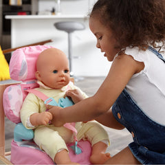 Casdon Baby Huggles teal accent booster seat shows adjustable headrest for comfy dolls.
