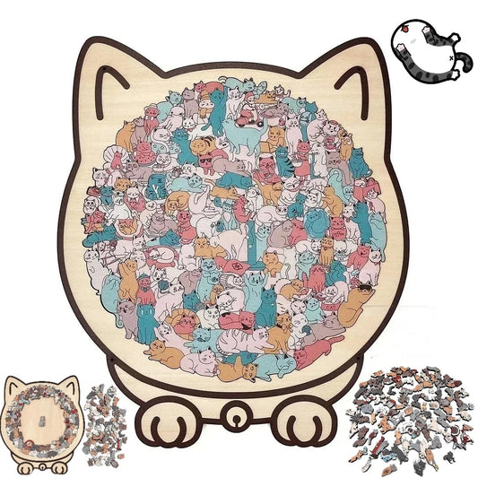 Cat puzzle aerial view with cat-shaped pieces and calming Morandi colors.