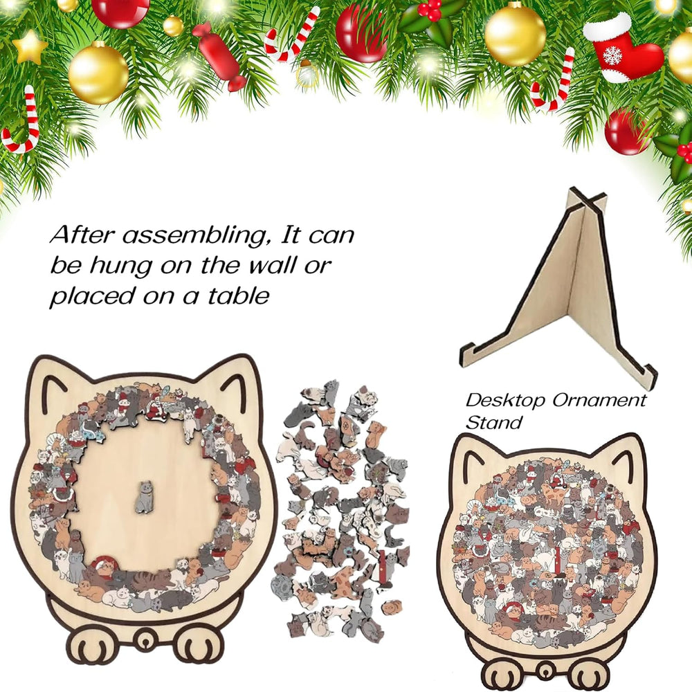 Close-up of colorful cat-shaped wooden puzzle pieces for color and shape recognition.
